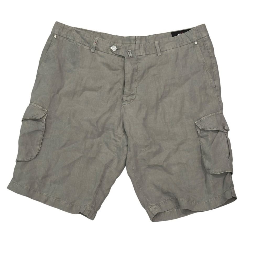 Kiton Napoli Mens Size 40 Gray 100% Linen Logo Button Fly 12" Cargo Shorts Italy